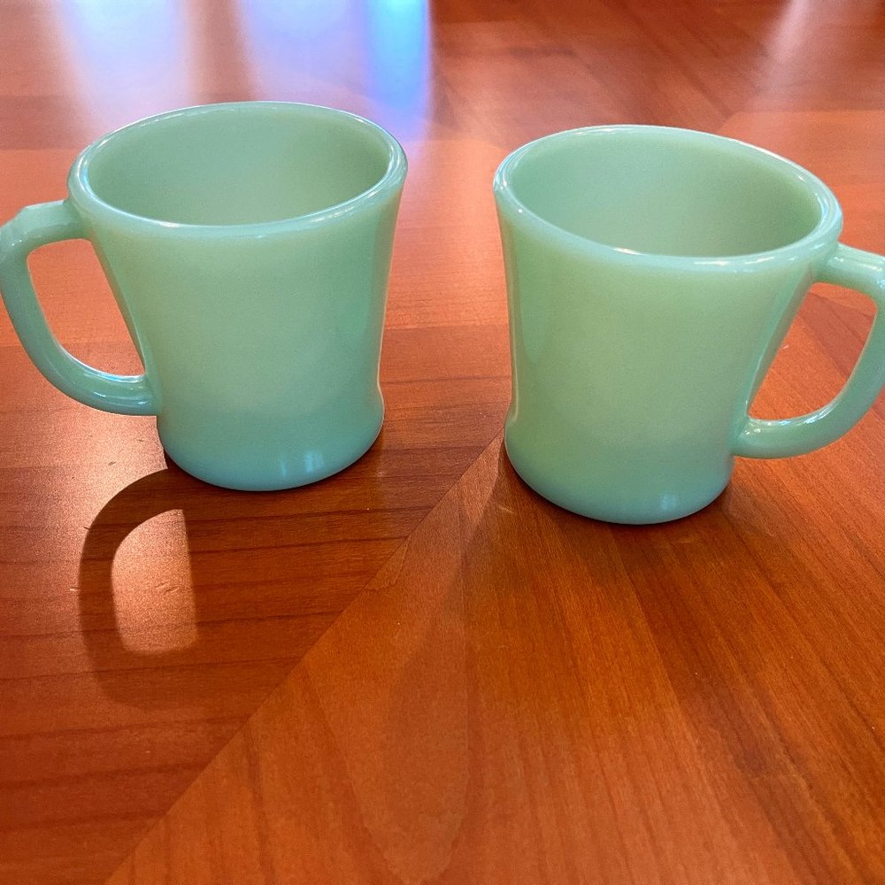 Fire King Green Jadeite Mugs - Oven Ware Glass - Set of 2